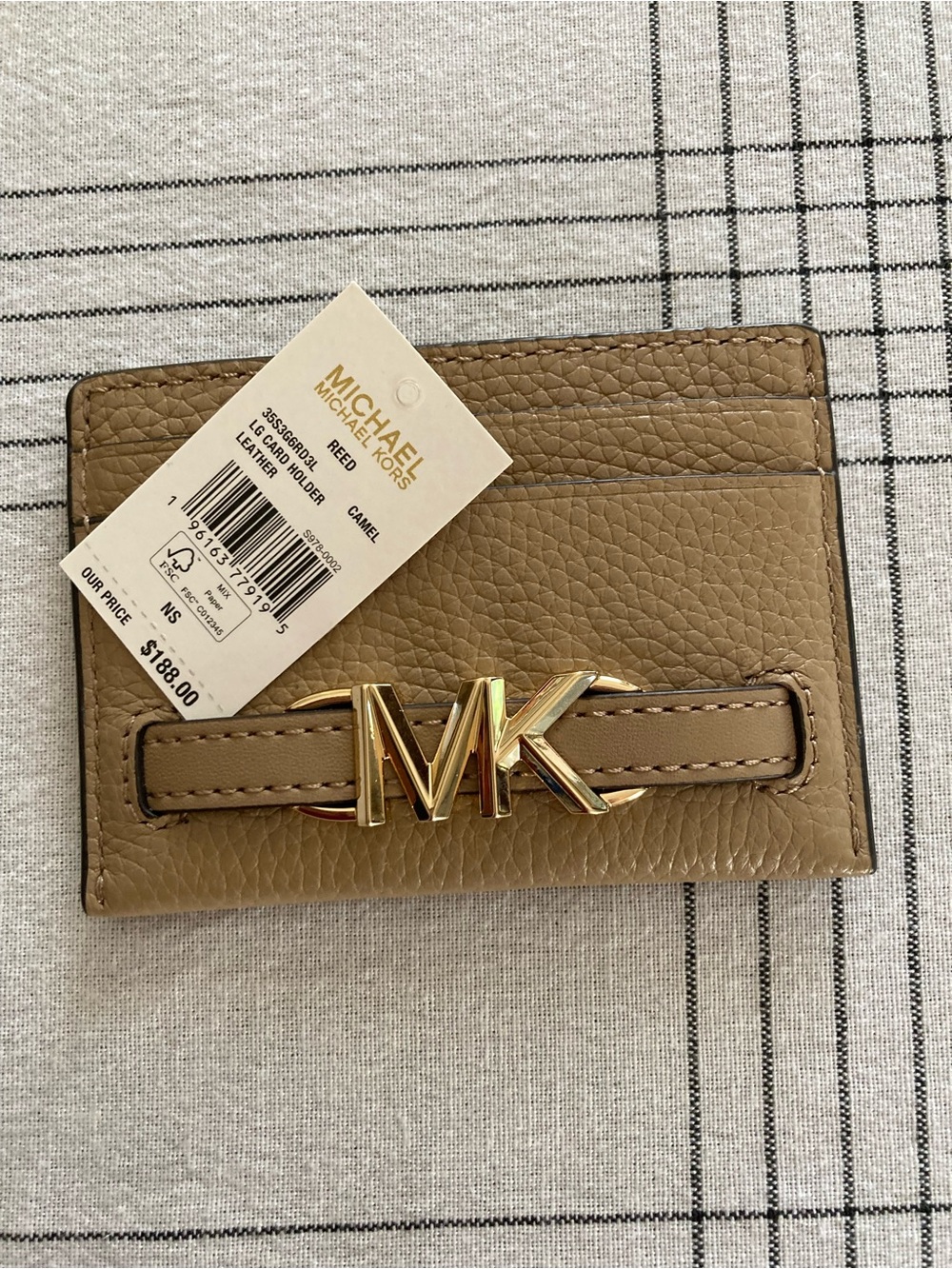 Michael Kors Camel Leather Card Holder with Gold MK Accent